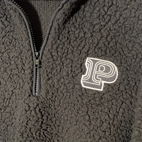 PINK Victoria’s Secret Black Sherpa Quarter-Zip Pullover Women’s S/P Fleece Crop - Picture 5 of 9